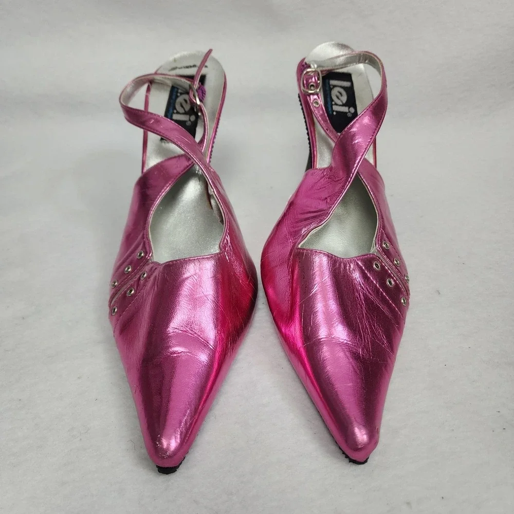 VTG Y2K Lei Womens 9.5 Metallic Pink Pointed-Toe Stiletto Strap Slingback Heels